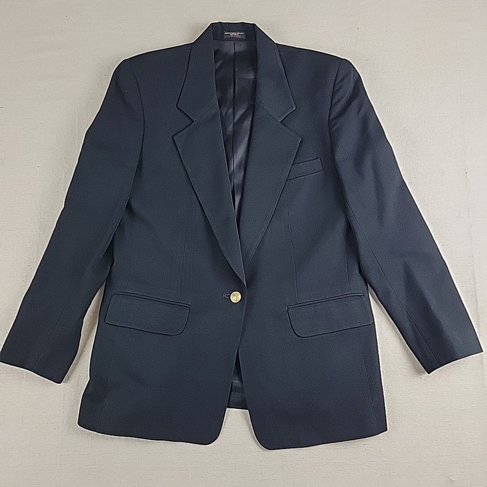 Ansley Women's Black Wool Blazer Gold Crest Buttons Size M Tailored Jacket